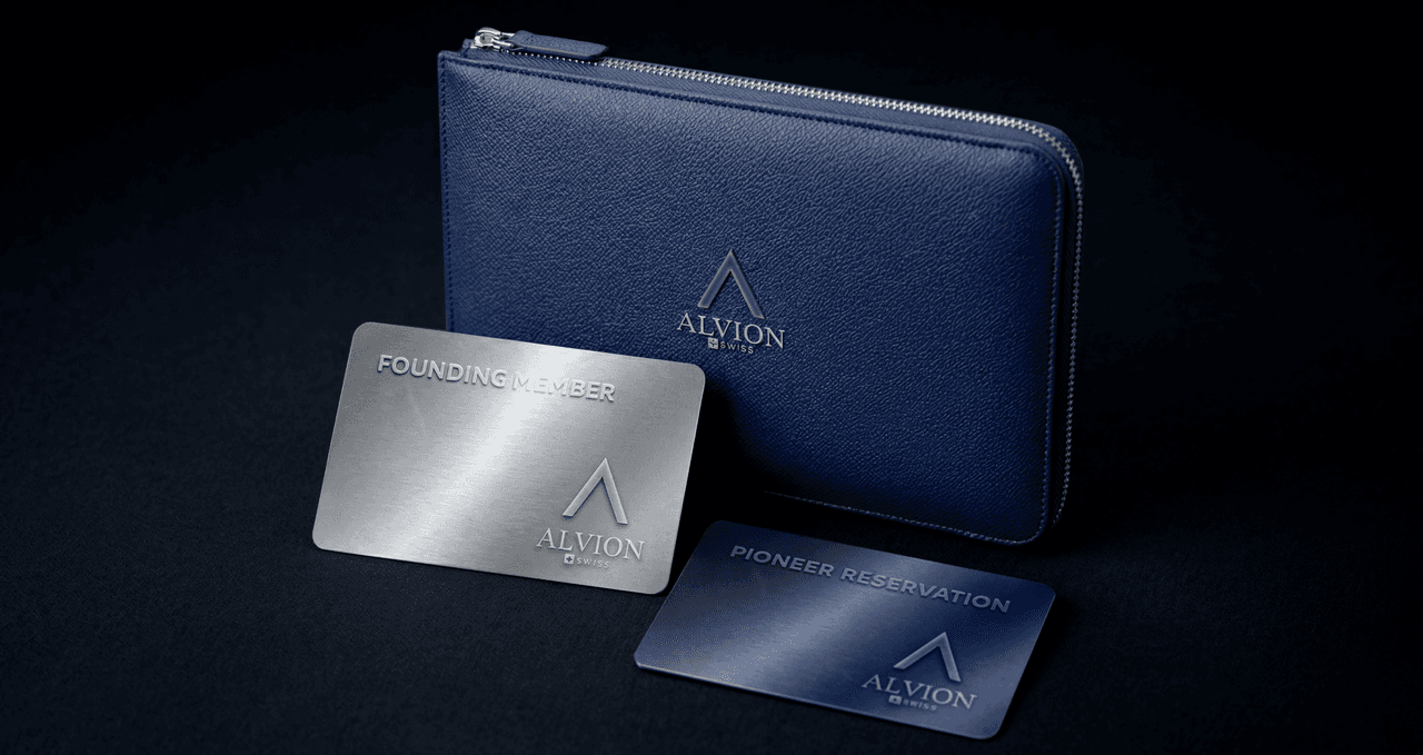 Alvion navy zip case with the Founding Member and Pioneer Reservation metal cards